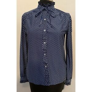 70’s Vintage Navy Polka Dot Button-Up Tie-at-Neck Blouse